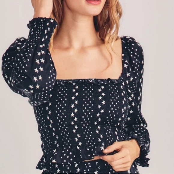 LoveShackFancy Tops - LOVESHACKFANCY Russell stars smocked top puff sleeve black white small pretty